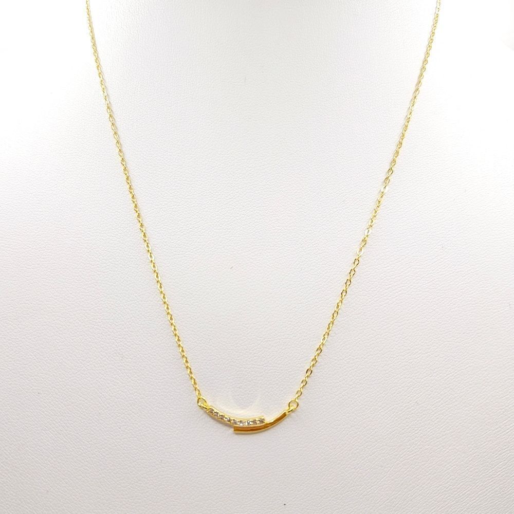 .925 Sterling Silver Pavé Crystal Curved Bar Dainty Gold-Plated Necklace New - Picture 4 of 4